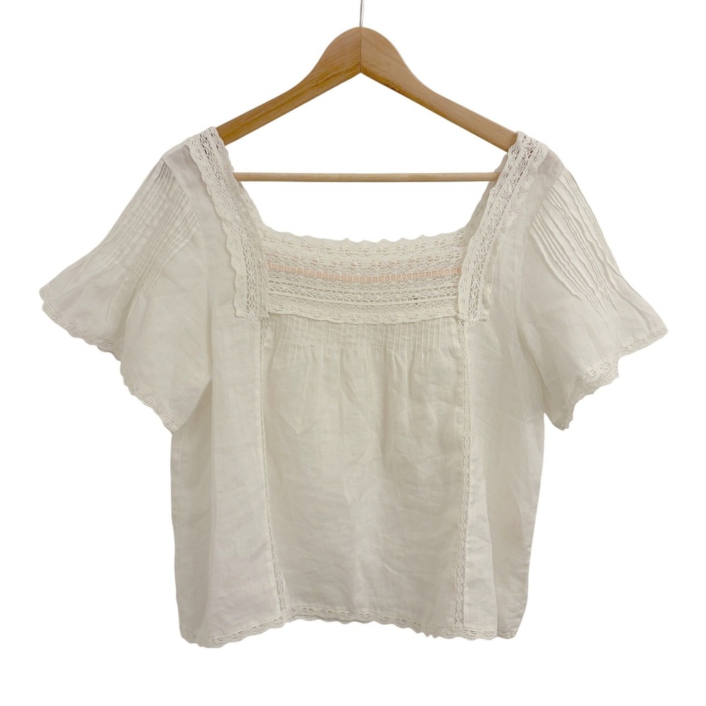 DOEN Ginger Top M Salt Lace Trim Pintuck Blouse Ramie Boho Cottagecore Prairie - Picture 3 of 13